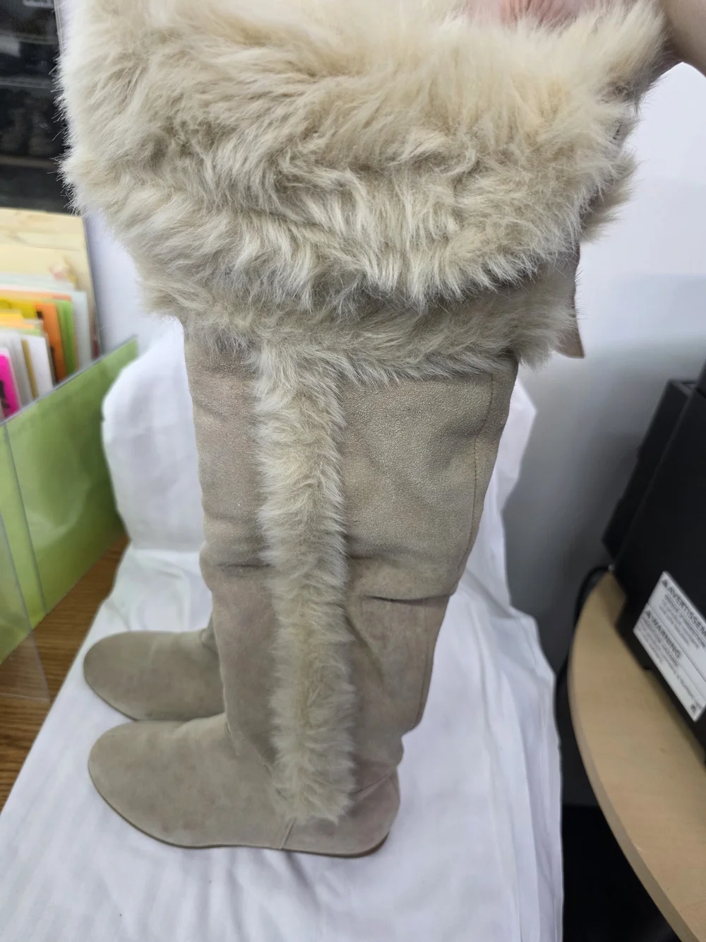 Aldo Beige Suede-Look Over-the-Knee Boots with Faux Fur Trim